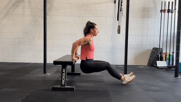 trainer in gym doing chair dips on bench